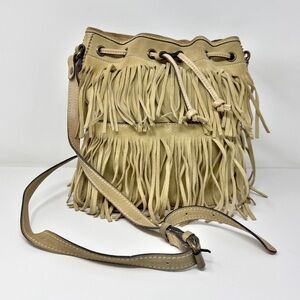 Patricia Nash Bronte Leather Fringe Bucket Bag Boho Crossbody Drawstring Tan